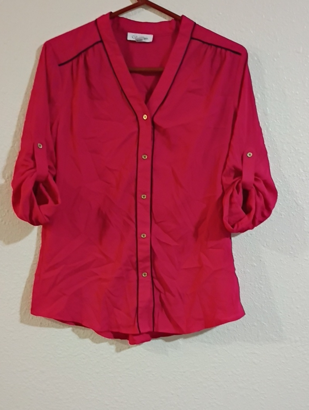 Calvin Klein Hot Pink Button-Front Blouse with Contrast Trim